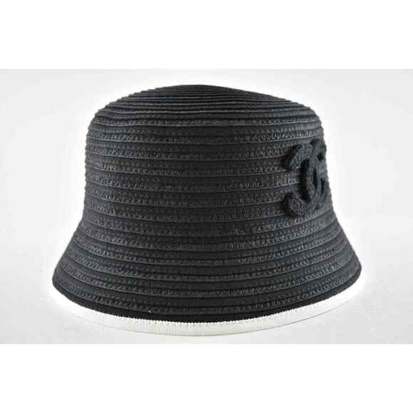 Chanel 22P Black White Raffia CC Crochet Logo Sun Cloche Bucket Hat Small S main image 6